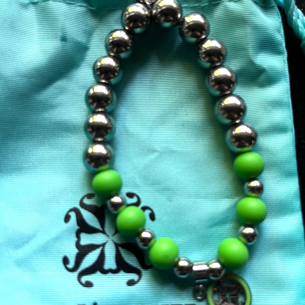 Rustic Cuff neon lime Green and Silver Beaded Bracelet